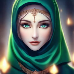 A beautiful elf with mesmerizing green eyes, wearing a hijab or headscarf and a mask covering all her face except the eyes