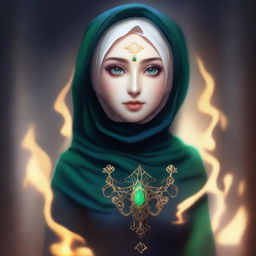 A beautiful elf with mesmerizing green eyes, wearing a hijab or headscarf and a mask covering all her face except the eyes