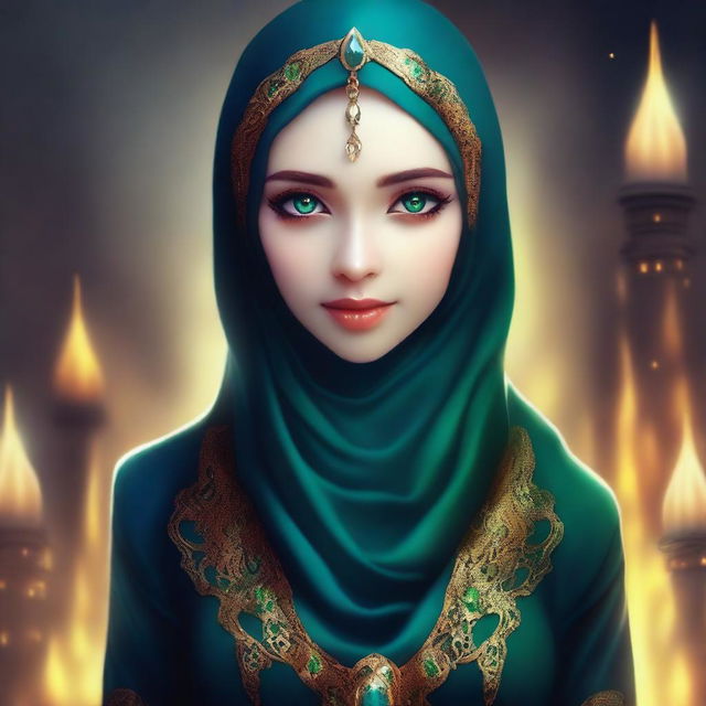 A beautiful elf with mesmerizing green eyes, wearing a hijab or headscarf and a mask covering all her face except the eyes