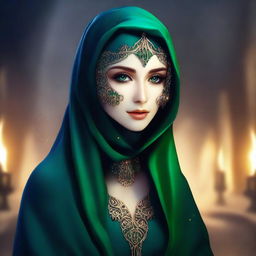 A beautiful elf with mesmerizing green eyes, wearing a hijab or headscarf and a mask covering all her face except the eyes