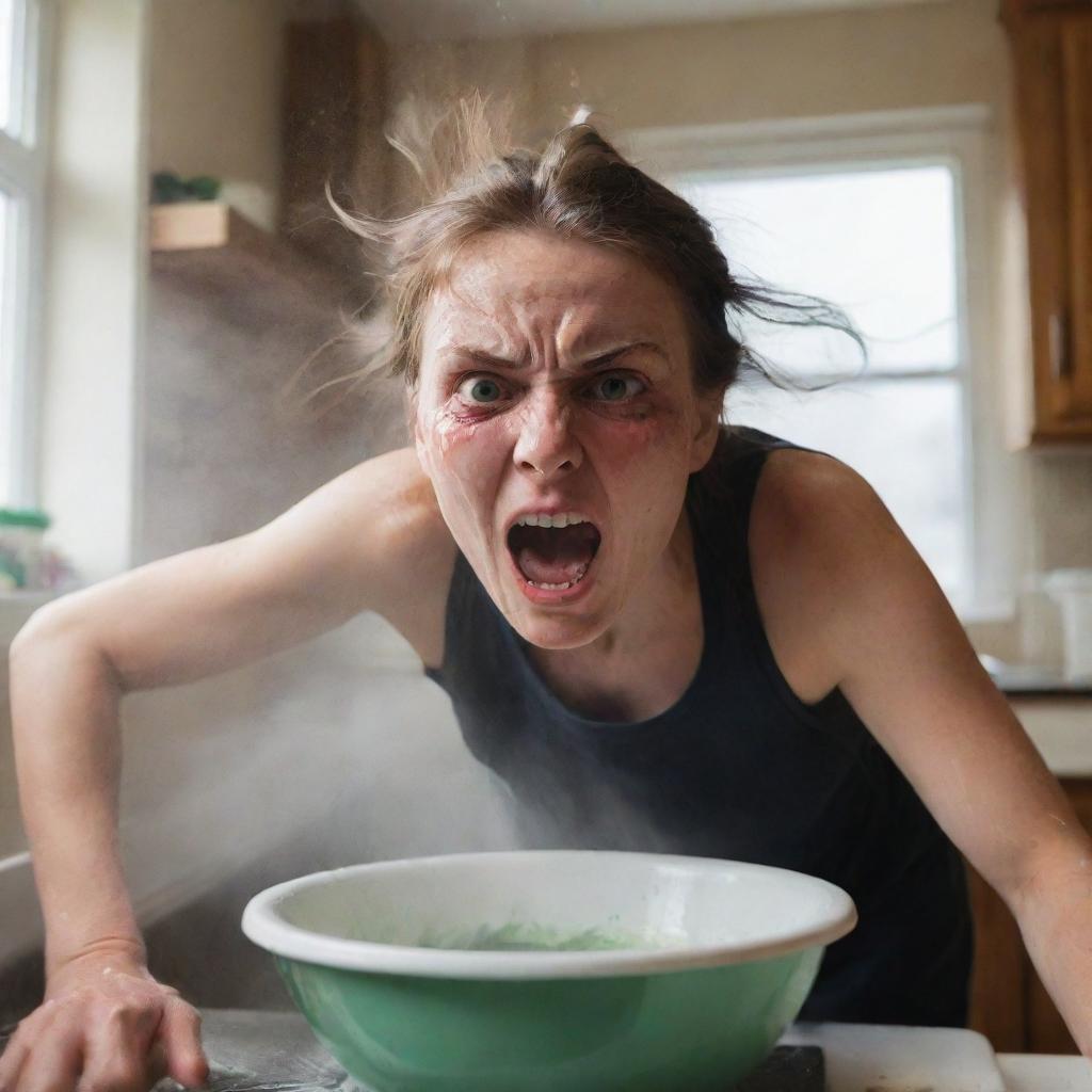 A scene of a woman washing dishes, her face contorted with an explosive rage, eyes blazing, her entire being radiating an aura of fury and frustration