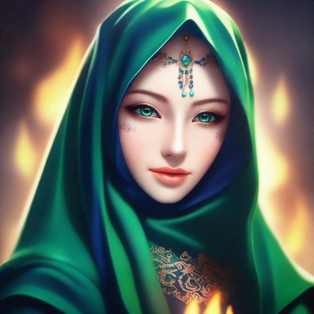 A beautiful elf with mesmerizing green eyes, wearing a hijab or headscarf and a mask covering all her face except the eyes