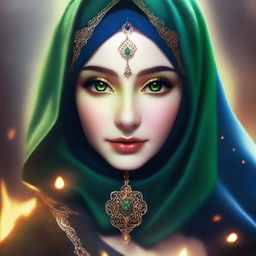 A beautiful elf with mesmerizing green eyes, wearing a hijab or headscarf and a mask covering all her face except the eyes