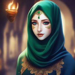 A beautiful elf with mesmerizing green eyes, wearing a hijab or headscarf and a mask covering all her face except the eyes