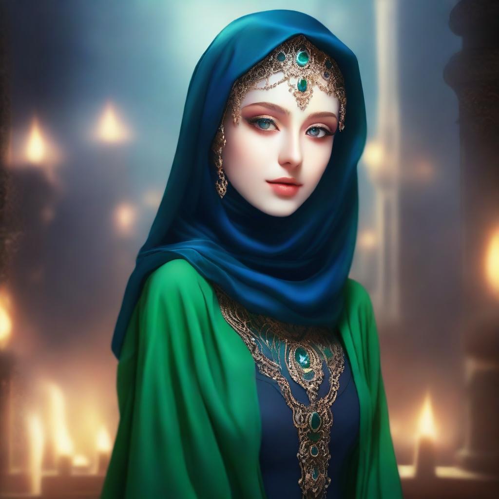 A beautiful elf with mesmerizing green eyes, wearing a hijab or headscarf and a mask covering all her face except the eyes