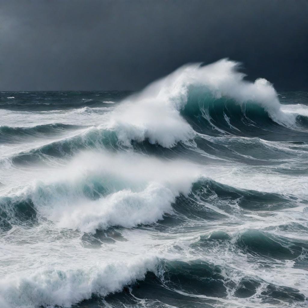 A restless sea in turmoil causing havoc, with massive, rough waves crashing against each other under the stormy sky.