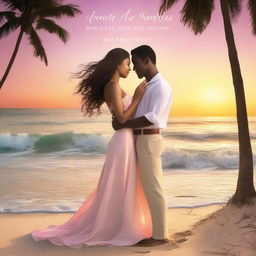 A romantic scene featuring a couple in a loving embrace, set against a beautiful sunset on a beach