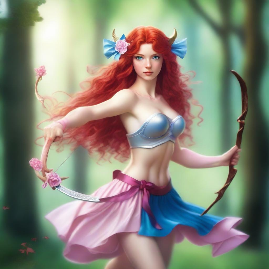 A beautiful female centaur with flowing red hair and striking blue eyes