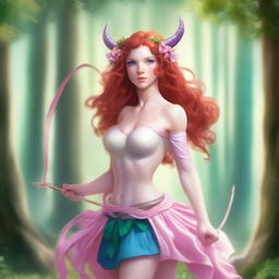 A beautiful female centaur with flowing red hair and striking blue eyes