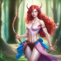 A beautiful female centaur with flowing red hair and striking blue eyes