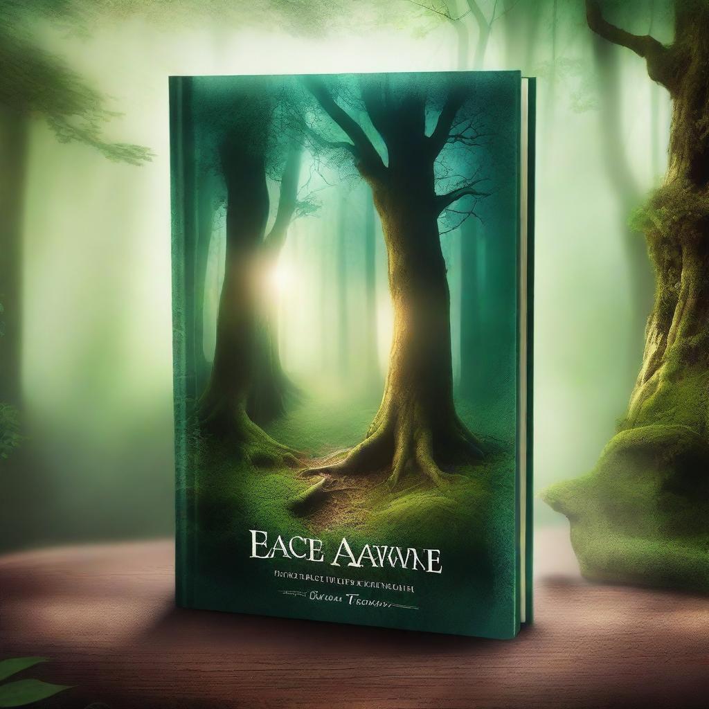 Create a captivating book cover featuring an enchanted forest with a mystical aura