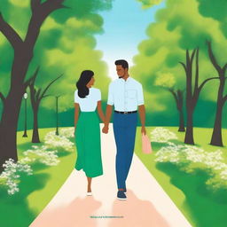 A book cover featuring a man and a woman holding hands and walking around a park