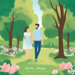 A book cover featuring a man and a woman holding hands and walking around a park