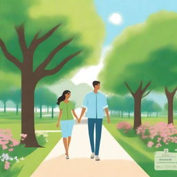 A book cover featuring a man and a woman holding hands and walking around a park