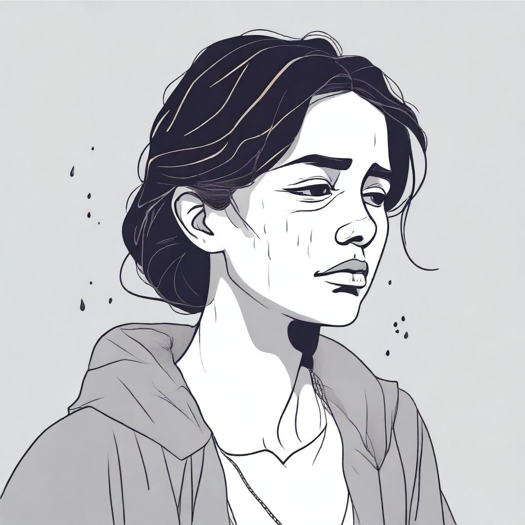 A detailed illustration of a sad woman with a melancholic expression, tears streaming down her face
