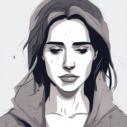 A detailed illustration of a sad woman with a melancholic expression, tears streaming down her face