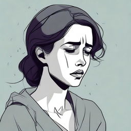 A detailed illustration of a sad woman with a melancholic expression, tears streaming down her face