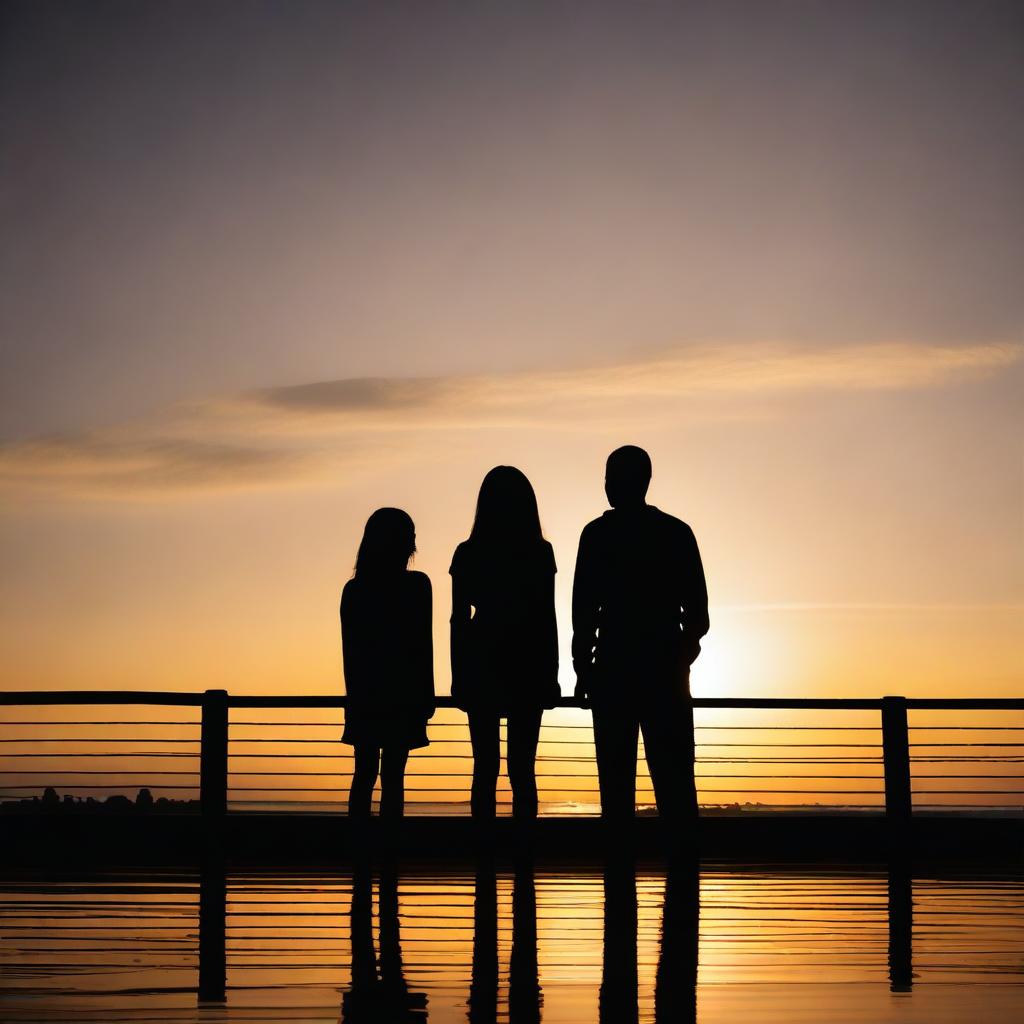 A silhouette of a separated couple standing apart from each other, with a sunset background