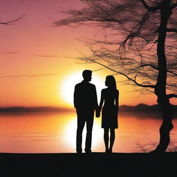 A silhouette of a separated couple standing apart from each other, with a sunset background