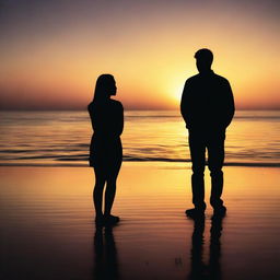 A silhouette of a separated couple standing apart from each other, with a sunset background