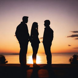 A silhouette of a separated couple standing apart from each other, with a sunset background