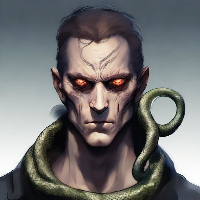 A detailed character art of a man with snake-like eyes