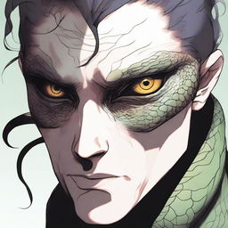 A detailed character art of a man with snake-like eyes