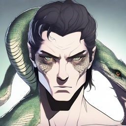 A detailed character art of a man with snake-like eyes