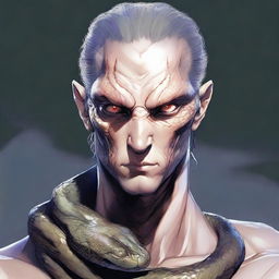 A detailed character art of a man with snake-like eyes