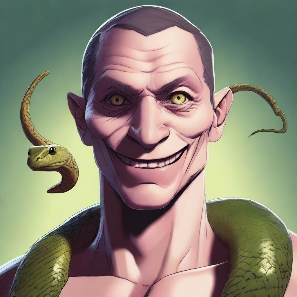 A detailed character art of a man with snake-like eyes, looking happy