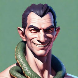 A detailed character art of a man with snake-like eyes, looking happy