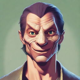 A detailed character art of a man with snake-like eyes, looking happy