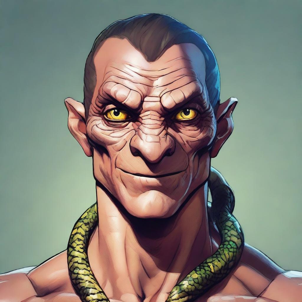 A detailed character art of a man with snake-like eyes, looking happy