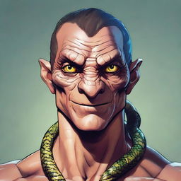 A detailed character art of a man with snake-like eyes, looking happy