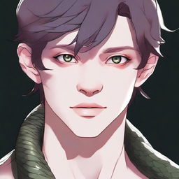 A detailed character art of a young man with snake-like eyes