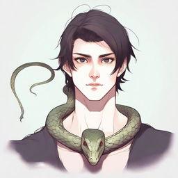 A detailed character art of a young man with snake-like eyes