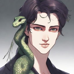 A detailed character art of a young man with snake-like eyes