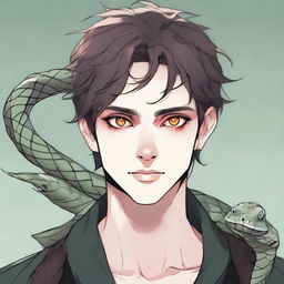 A detailed character art of a young man with snake-like eyes