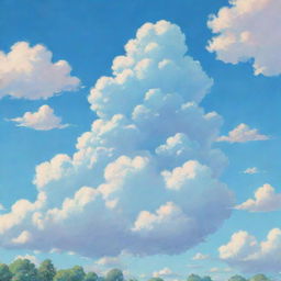 A cloud formation in the distinctive, whimsical style of Studio Ghibli animations, teeming with soft edges and pastel hues against a serene, azure sky.