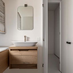 A neat and modern washroom with a stylish vanity sink, a sleek washbasin, and a built-in closet for ample storage