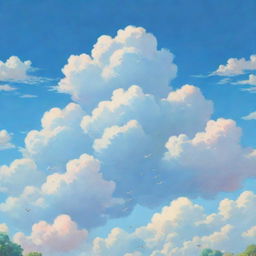 A cloud formation in the distinctive, whimsical style of Studio Ghibli animations, teeming with soft edges and pastel hues against a serene, azure sky.