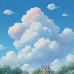 A cloud formation in the distinctive, whimsical style of Studio Ghibli animations, teeming with soft edges and pastel hues against a serene, azure sky.