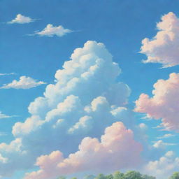 A cloud formation in the distinctive, whimsical style of Studio Ghibli animations, teeming with soft edges and pastel hues against a serene, azure sky.