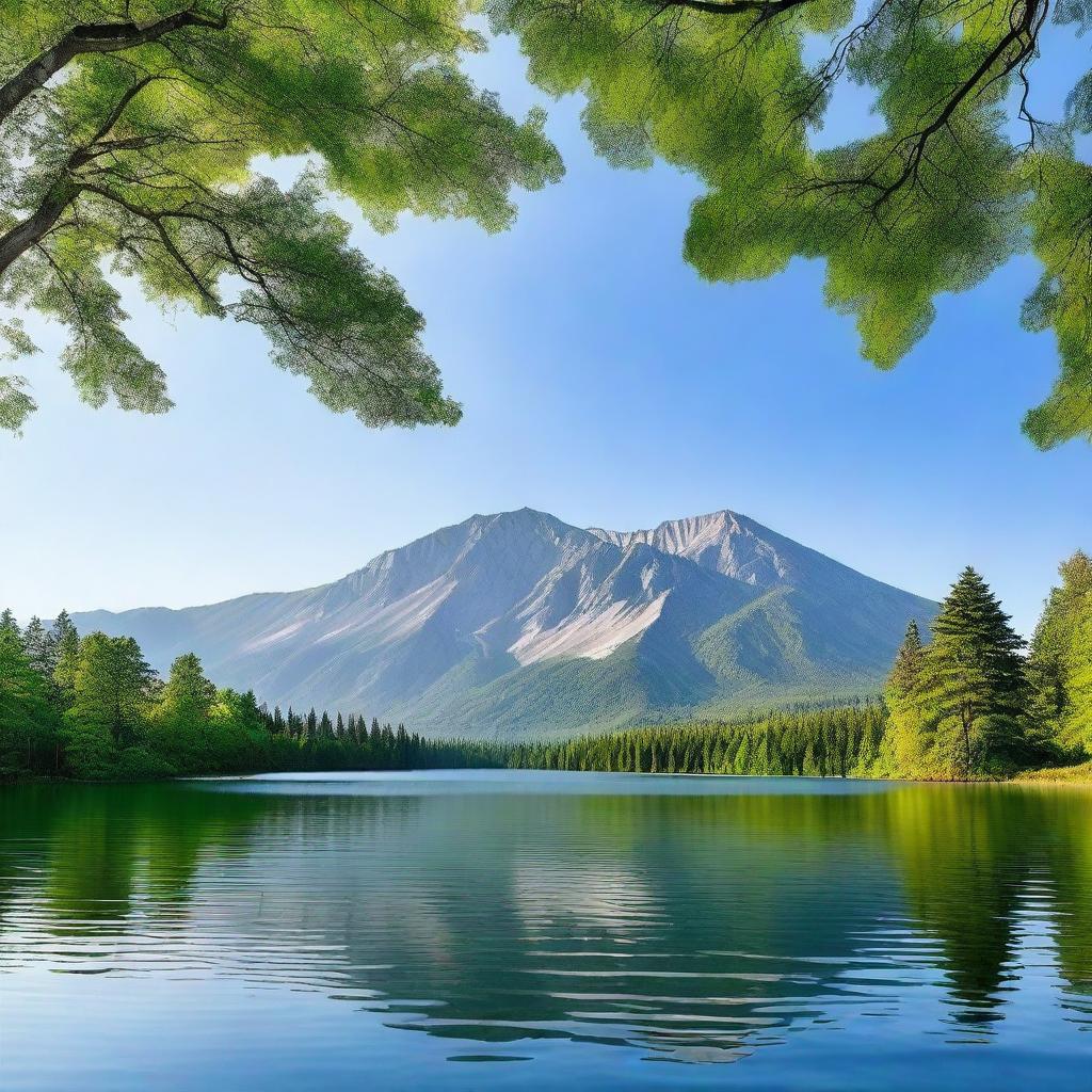 A high-resolution photograph of a serene landscape featuring a calm lake surrounded by lush green trees and mountains in the background under a clear blue sky