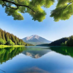 A high-resolution photograph of a serene landscape featuring a calm lake surrounded by lush green trees and mountains in the background under a clear blue sky