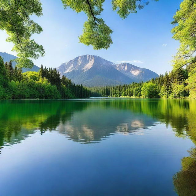 A high-resolution photograph of a serene landscape featuring a calm lake surrounded by lush green trees and mountains in the background under a clear blue sky