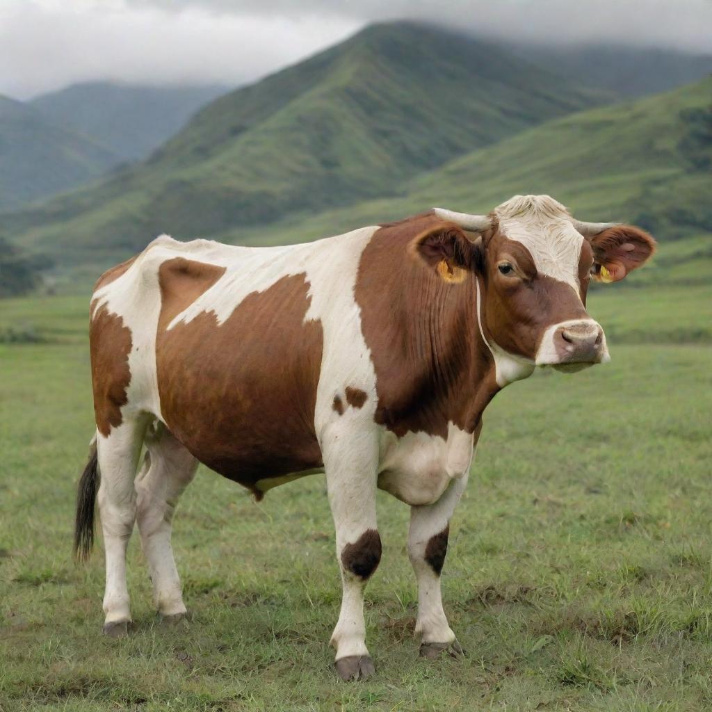 A realistic image of a Sapi, an Indonesian cow with beautiful patterns on its hide, calmly grazing in an open green field with sprawling hills in the background.