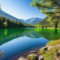 A high-resolution photograph of a serene landscape featuring a calm lake surrounded by lush green trees and mountains in the background under a clear blue sky