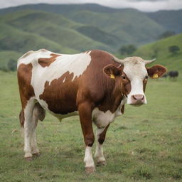 A realistic image of a Sapi, an Indonesian cow with beautiful patterns on its hide, calmly grazing in an open green field with sprawling hills in the background.