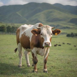 A realistic image of a Sapi, an Indonesian cow with beautiful patterns on its hide, calmly grazing in an open green field with sprawling hills in the background.